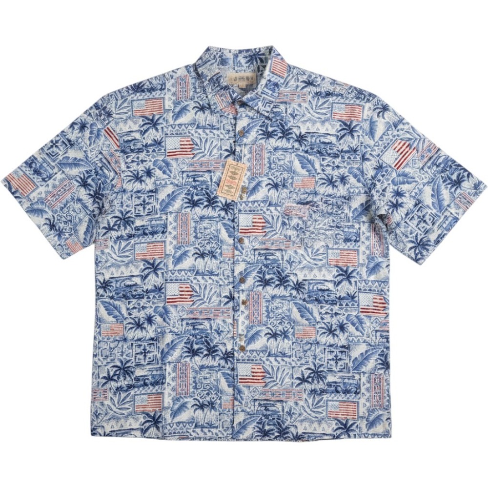 NEW Campia Patriotic Camp Shirt Mens L Blue Red Hawaiian American Flag